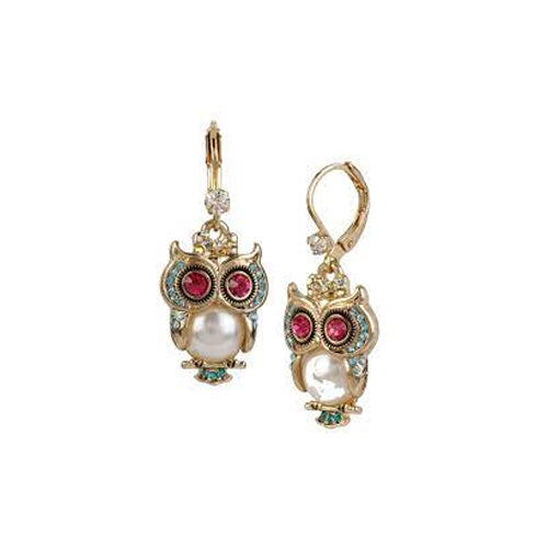 Betsey Johnson Pearl Critters Owl Drop Earrings